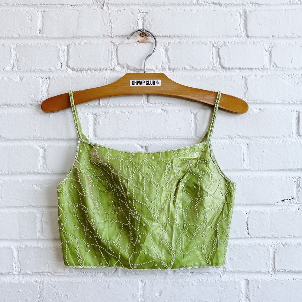 JOLI PROM apple green beaded crop camisole blouse vintage
